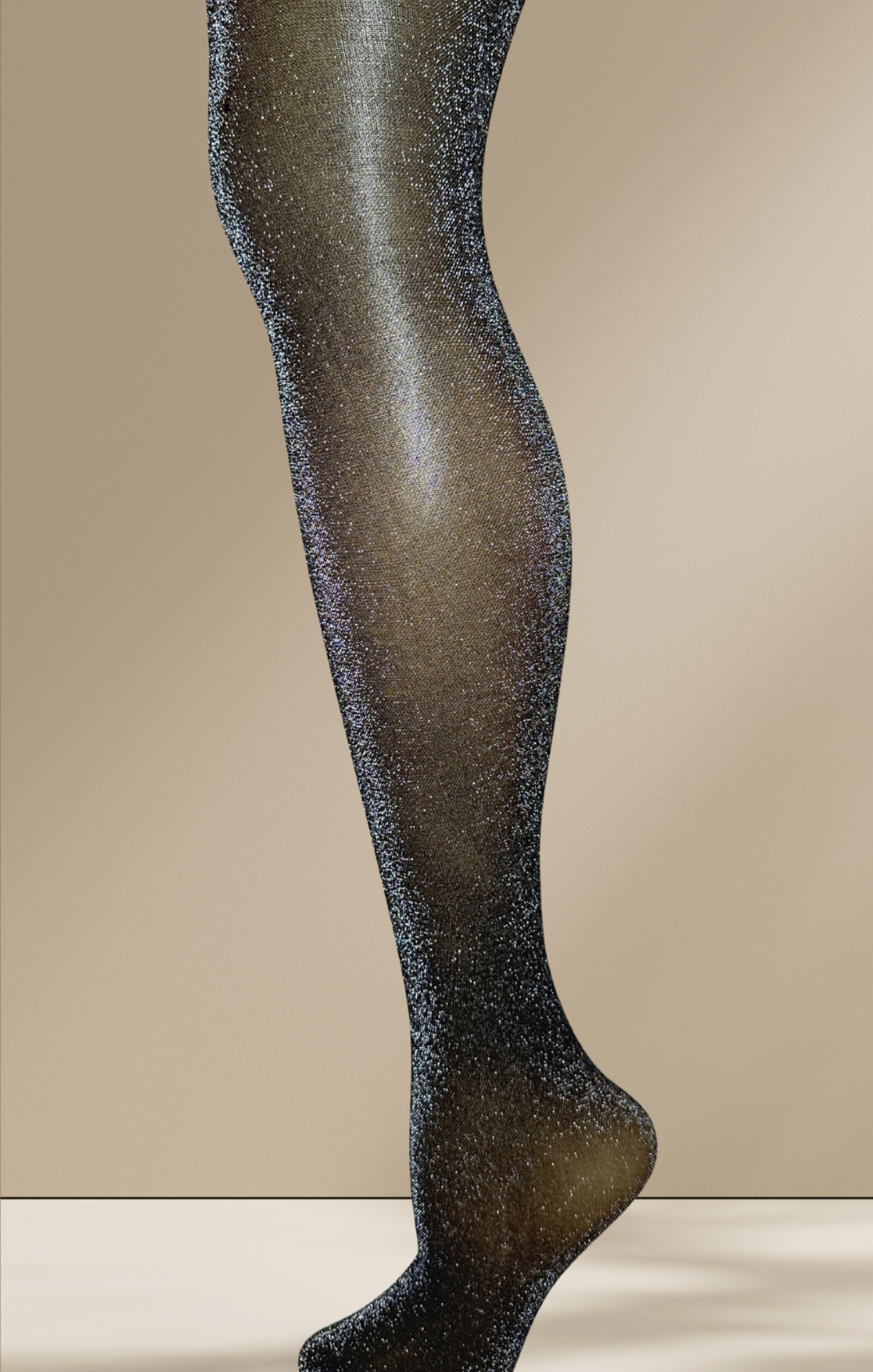 Black tights with glittery texture on a beige background