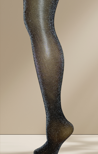 Black tights with glittery texture on a beige background