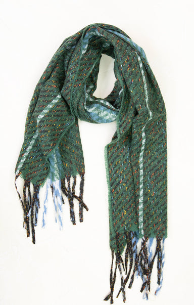 Green plaid scarf with fringes on a white background
