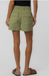 Person wearing olive green shorts on a plain background