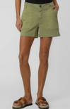 Person wearing green shorts on a white background