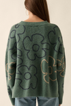 AUDREY FLORAL KNIT SWEATER-pine green,floral pattern,long sleeve,round neck,knitted sweater