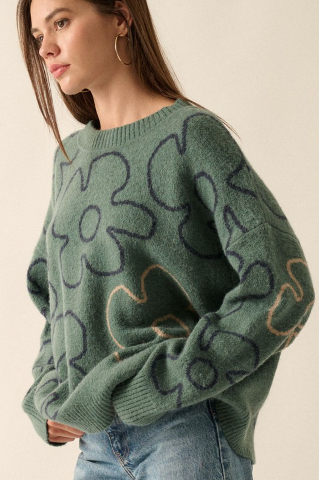 AUDREY FLORAL KNIT SWEATER-pine green,floral pattern,long sleeve,round neck,knitted sweater