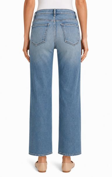 Light blue jeans worn by a person on a white background