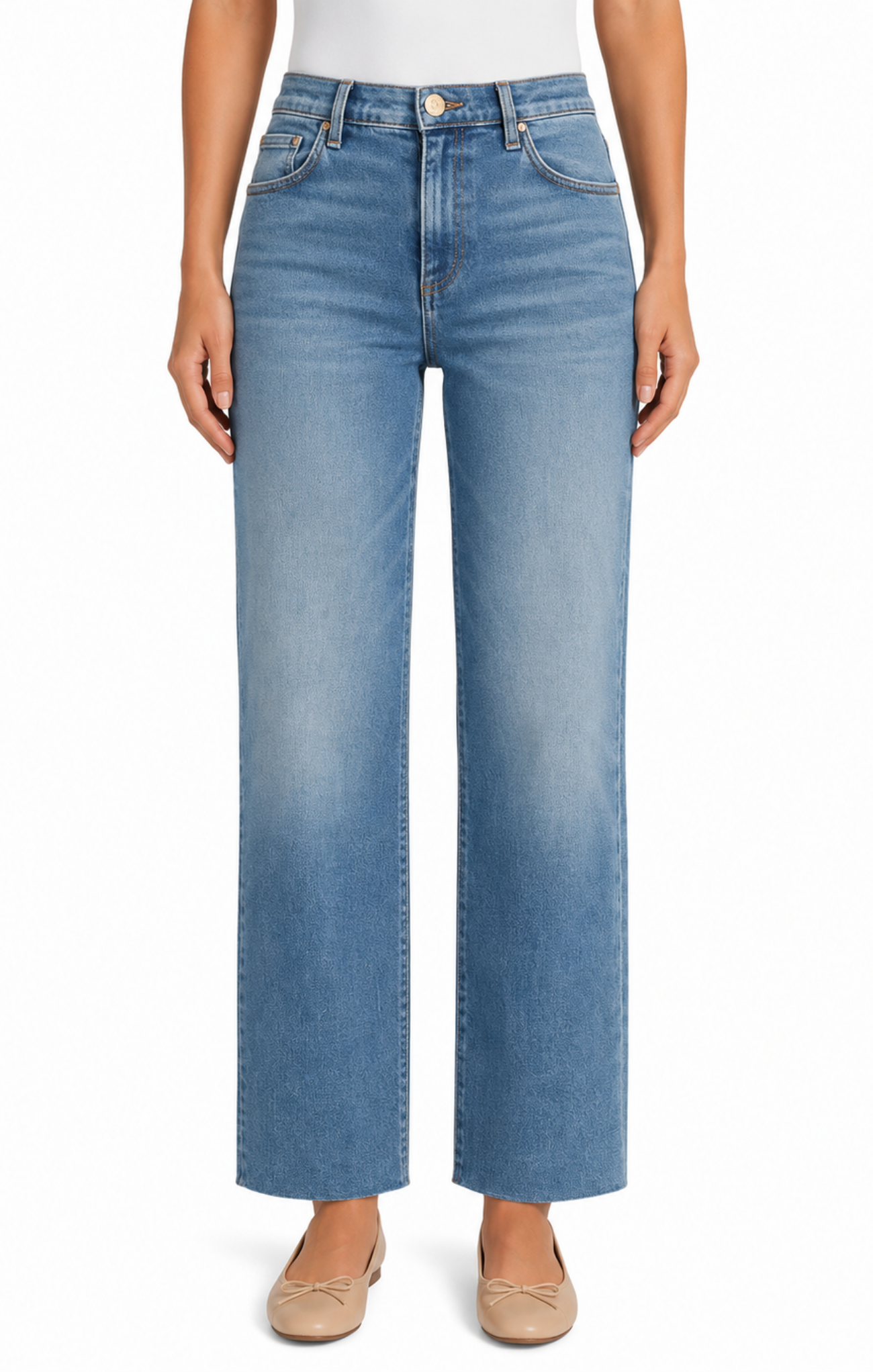 Light blue jeans worn by a person on a white background