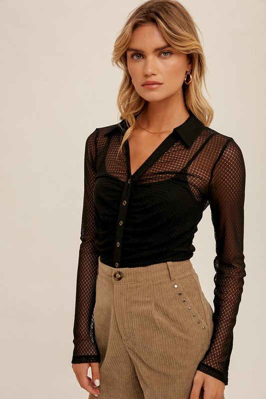 AVERY LACE SHIRT- Black sheer long sleeve with color, v-neck- lace detail on entire blouse