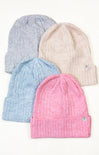 Four knit hats in pink, blue, and gray on a white background