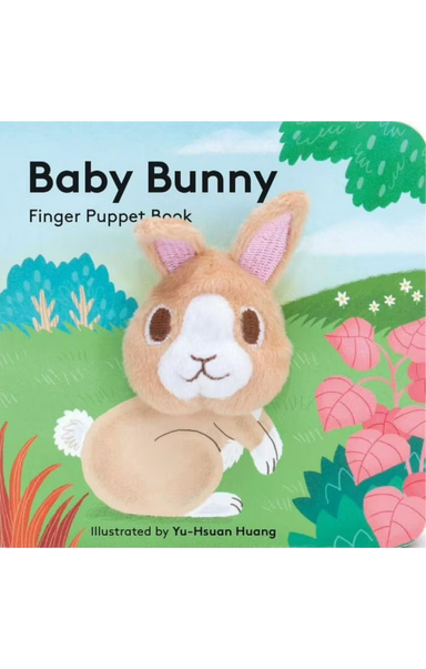 Baby Bunny finger puppet book cover with a rabbit illustration and nature background