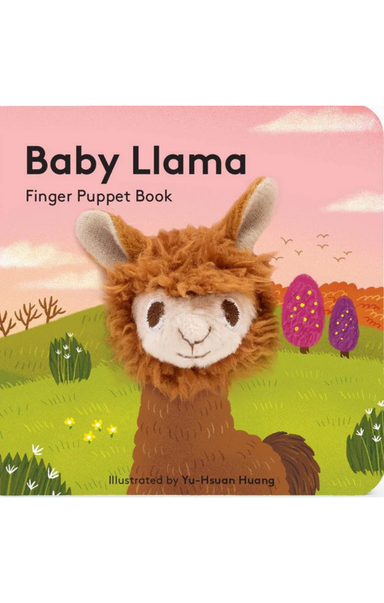 Baby Llama finger puppet book cover with a llama illustration and pink background
