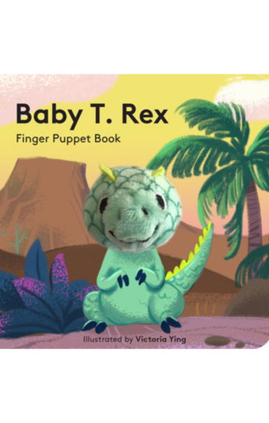 Finger puppet book cover with a green dinosaur and palm tree design on a pink background