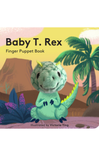 Finger puppet book cover with a green dinosaur and palm tree design on a pink background