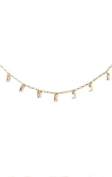 BAGUETTE GLASS CHAIN NECKLACE-clear gold,emerald gold,baguette pendants around chain,clasp closure,gold chain