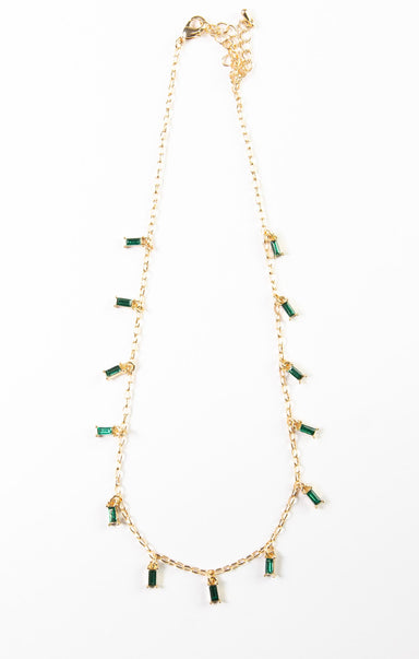 BAGUETTE GLASS CHAIN NECKLACE-clear gold,emerald gold,baguette pendants around chain,clasp closure,gold chain