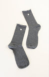 Pair of gray socks with lace trim on a white background
