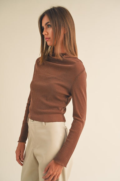 BEA SPARKLE TEE - Brown, sparkle, mock neck, long sleeve, fitted top 