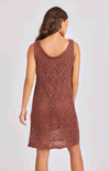 Brown crochet dress worn by a model on a white background