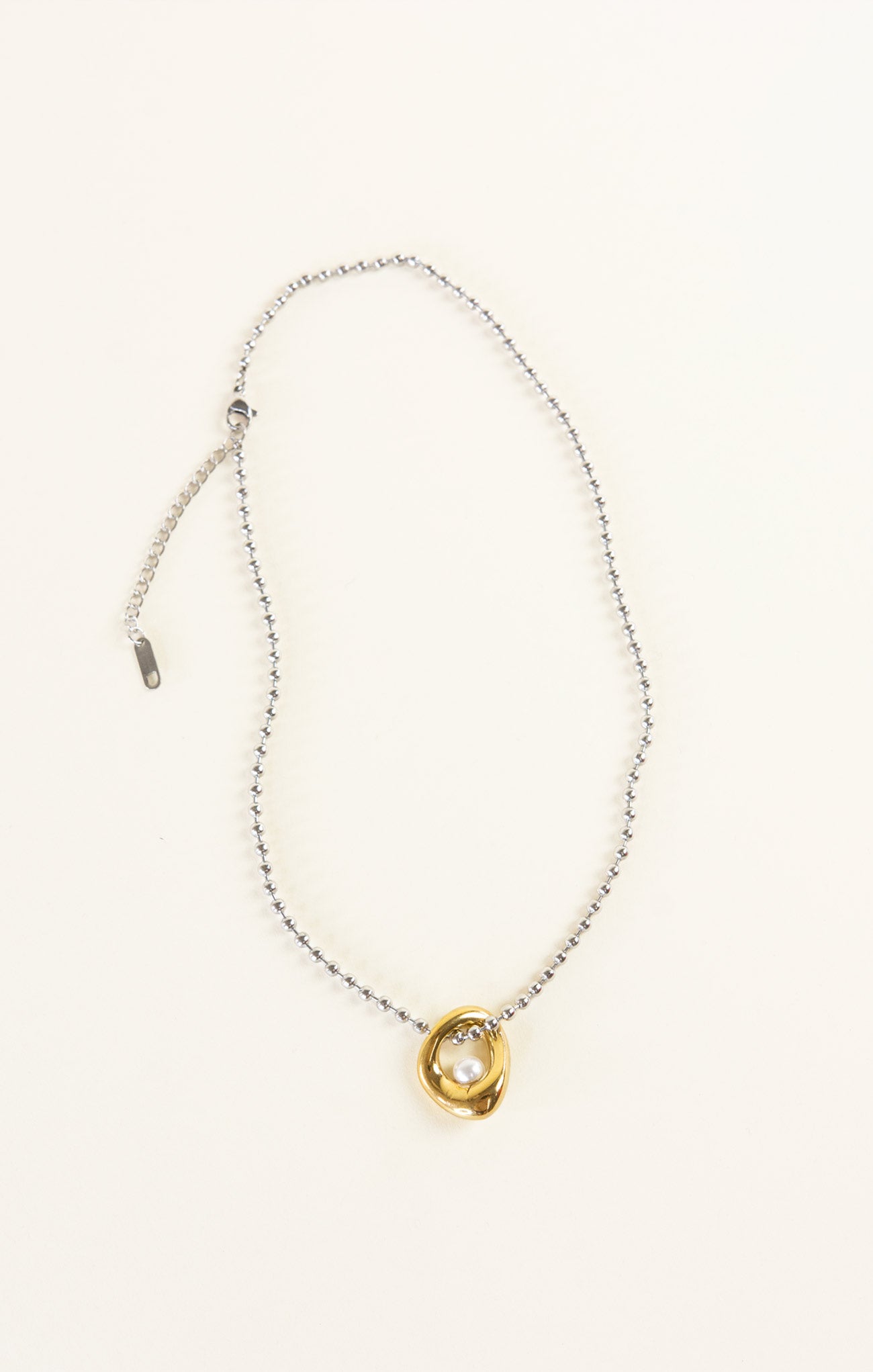 Necklace with a gold and silver pendant on a white background
