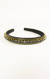 Black headband with gold and silver embellishments on a white background