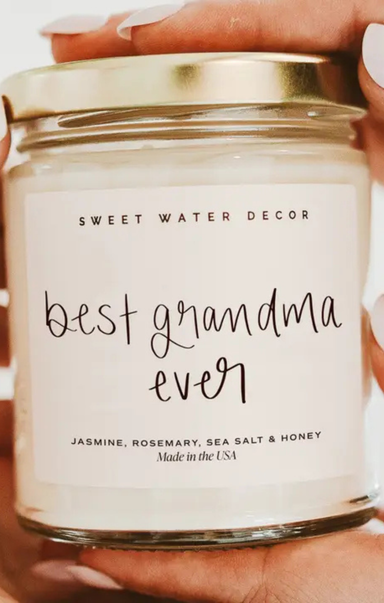 Candle jar labeled 'Best Grandma Ever' by Sweet Water Decor