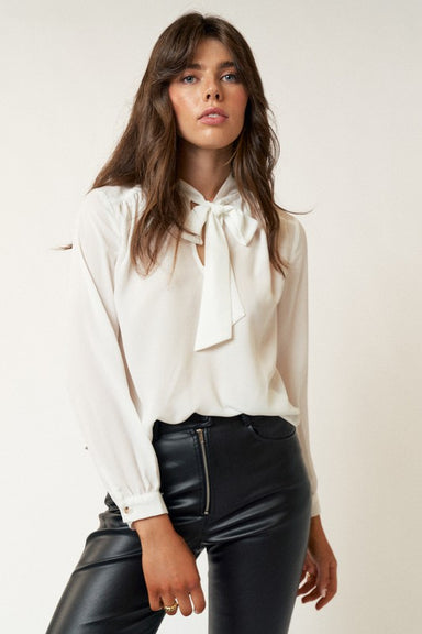 BETSY BOW BLOUSE-off white,tied bow around neck,long sleeve,button cuffs,v-neck