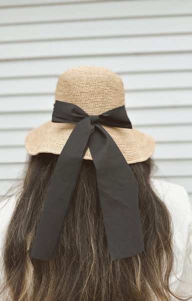 Beige straw hat with a black ribbon on a neutral background