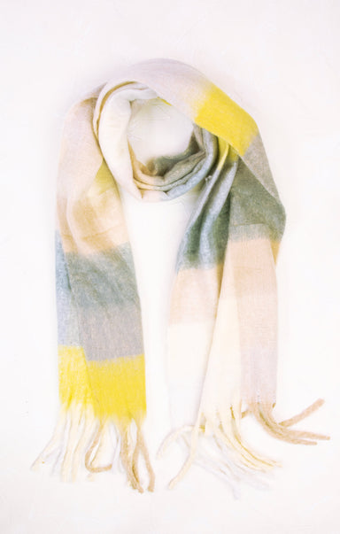 Multicolored scarf with yellow, green, and white stripes on a white background