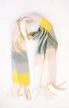 Multicolored scarf with yellow, green, and white stripes on a white background