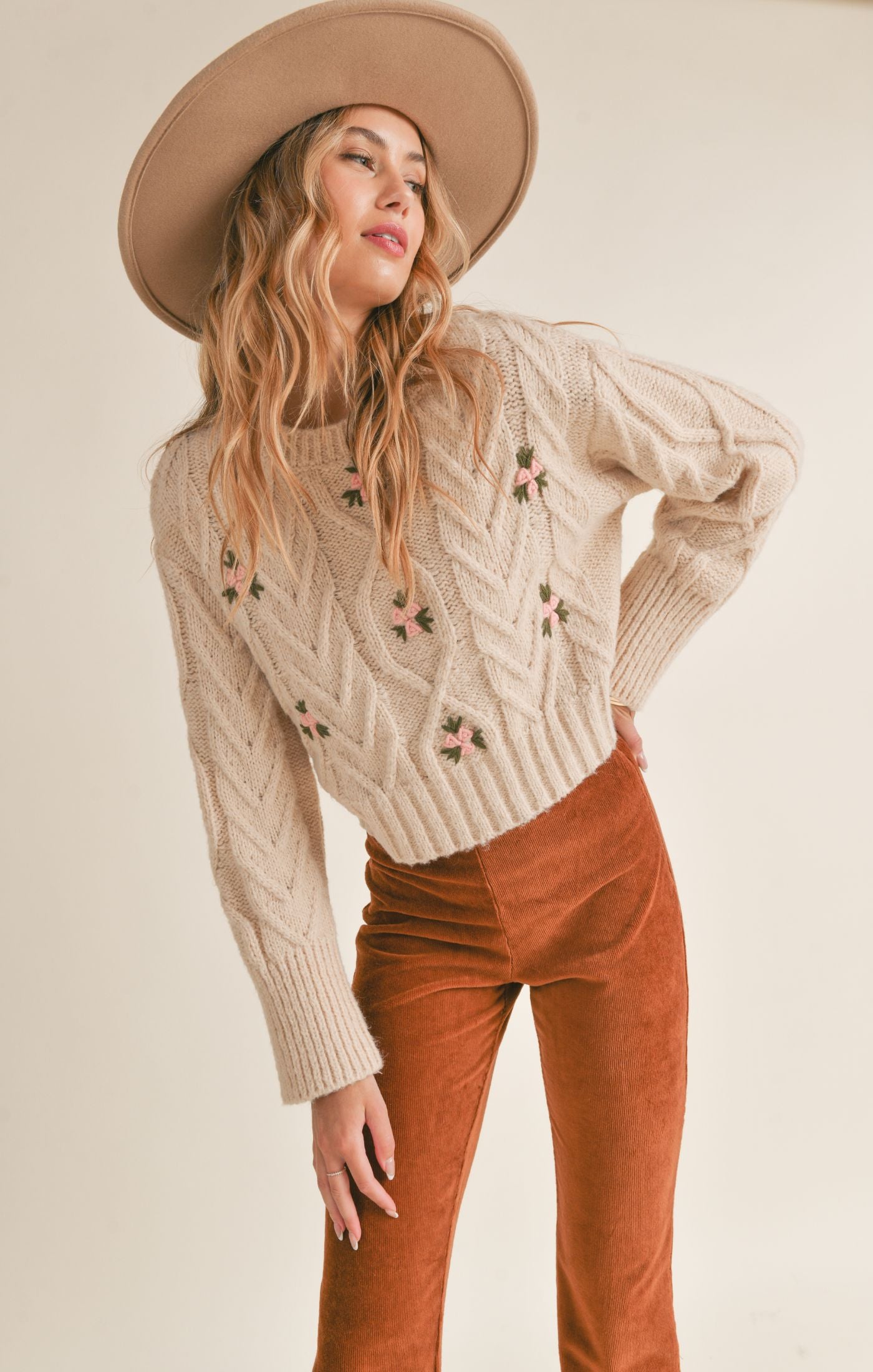 BLOOM OF YOUTH KNIT EMROIDERED SWEATER-cream,cable knit,floral pattern,long sleeve,round neck