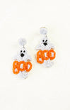 Beaded ghost earrings with 'BOO' text on a white background