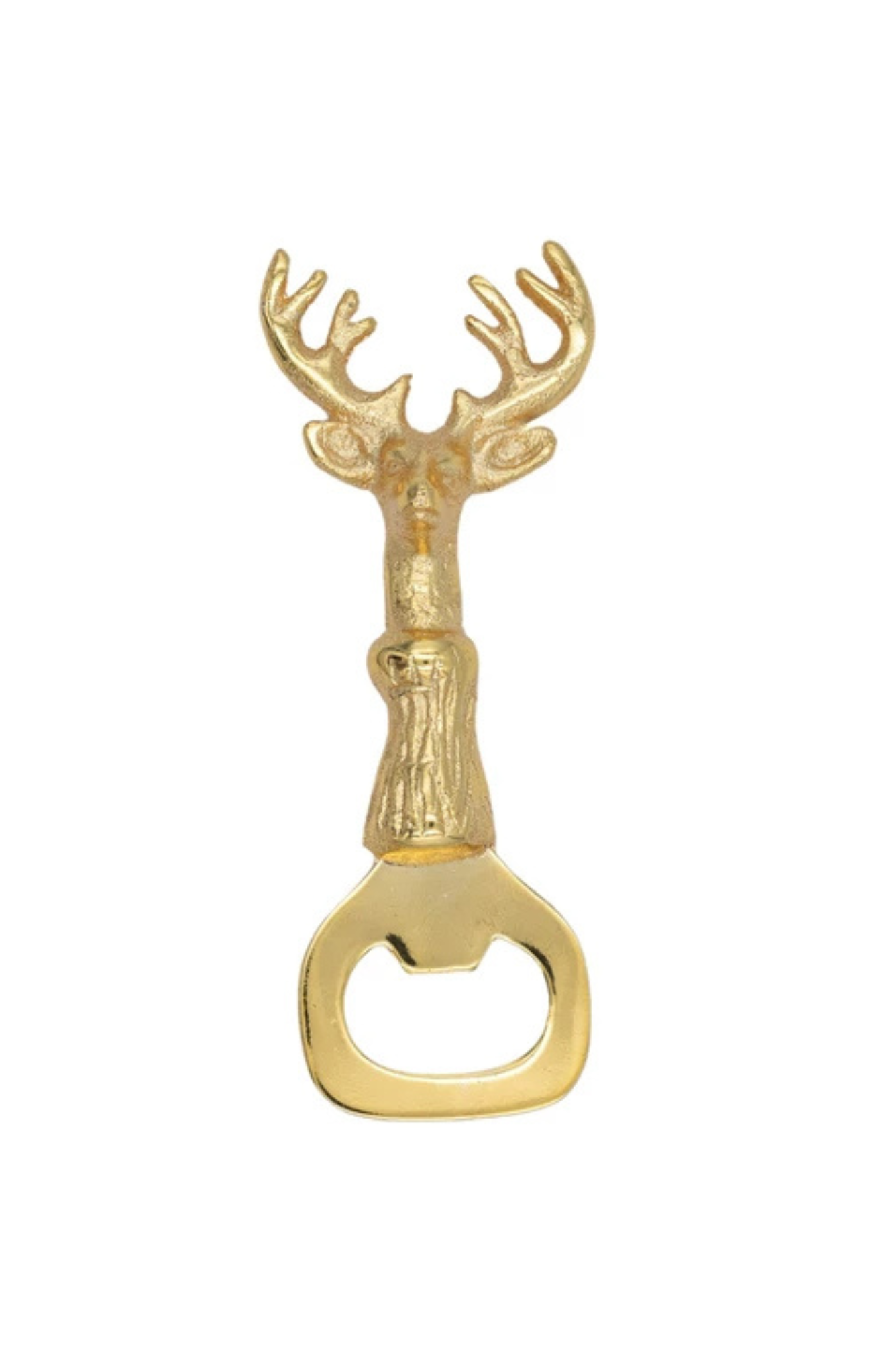 Gold deer-shaped bottle opener on a white background