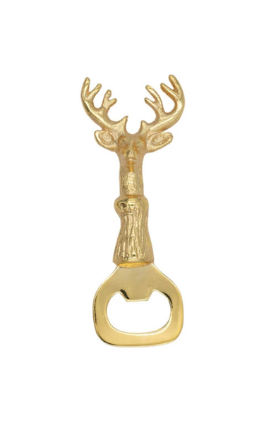 Gold deer-shaped bottle opener on a white background