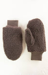 Pair of brown fuzzy mittens on a white background