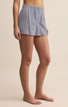 Person wearing blue striped shorts on a beige background