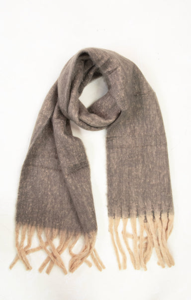 Gray scarf with beige tassels on a white background