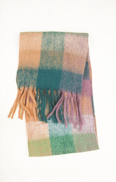 Plaid scarf with fringes in green, pink, and beige on a white background