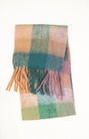 Plaid scarf with fringes in green, pink, and beige on a white background