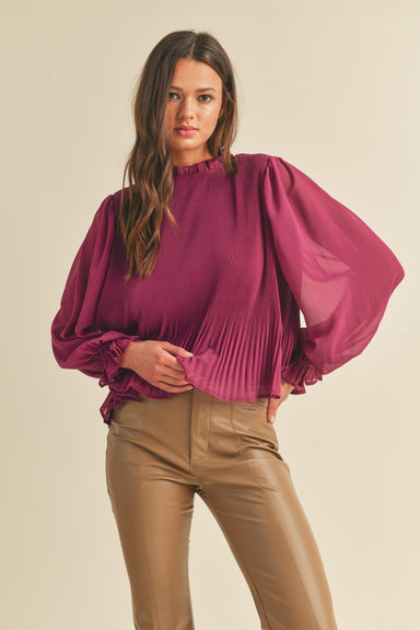 CARLA PLEATED RUFFLE TOP-purple berry,blouse-flowy fit,puff sleeve,cinched wrists,pleated fabric
