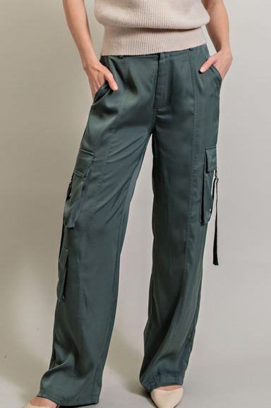 CAROLINE SILK CARGO PANTS-olive,cargo pant,pants on leg,silky fabric,zipper and button closure