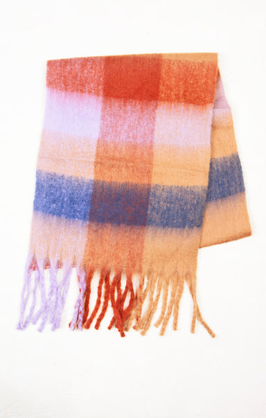 Multicolored plaid scarf with fringes on a white background