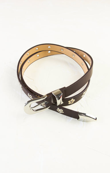 Brown leather belt with silver studs on a white background