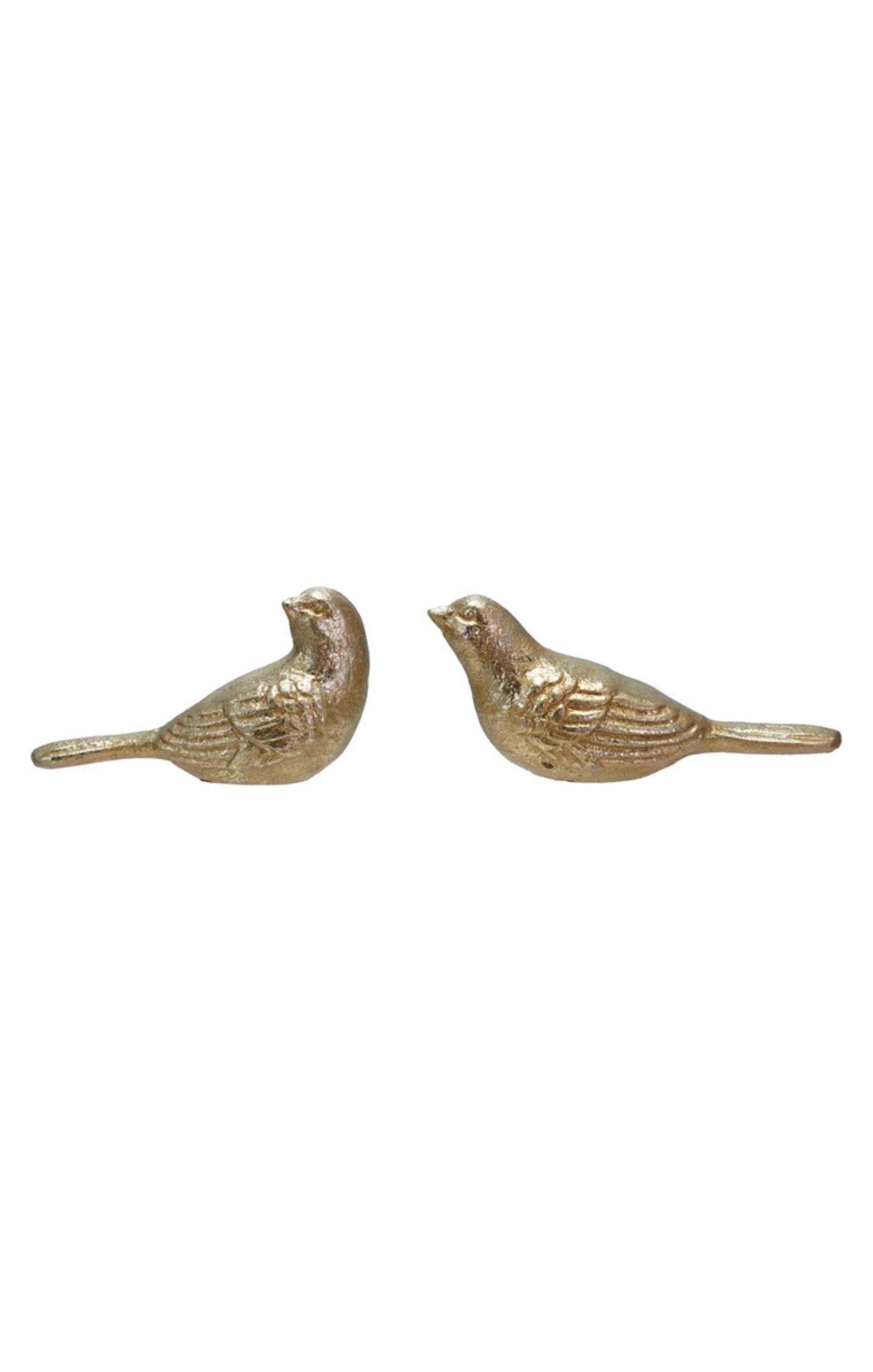 Two gold bird figurines on a white background