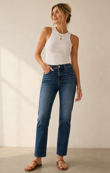 A woman modeling a pair of high-waisted, straight-leg blue jeans with a white ribbed tank top and brown sandals, standing against a warm beige wall.