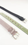 Three belts in black, green, and gray on a white background