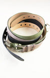 Set of leather belts in various colors on a white background
