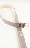 Gray belt with silver buckle on a white background