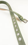 Green suede belt with silver eyelets on a white background