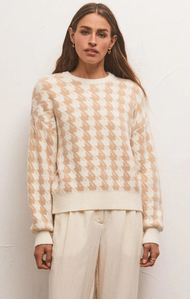 CEDAR HOUNDSTOOTH SWEATER - White and Tan Houndstooth pattern, sweater, long sleeve, round neck