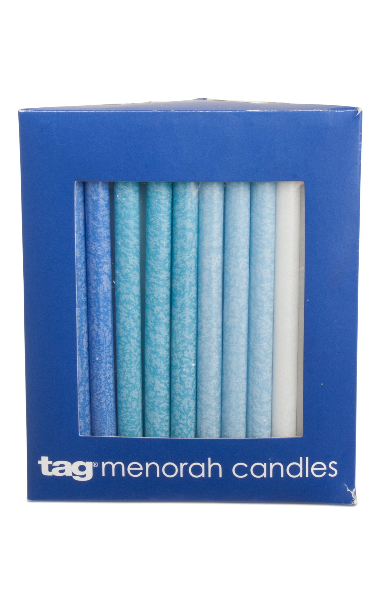 Box of blue and white Menorah candles with 'tag' branding on a white background