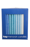 Box of blue and white Menorah candles with 'tag' branding on a white background