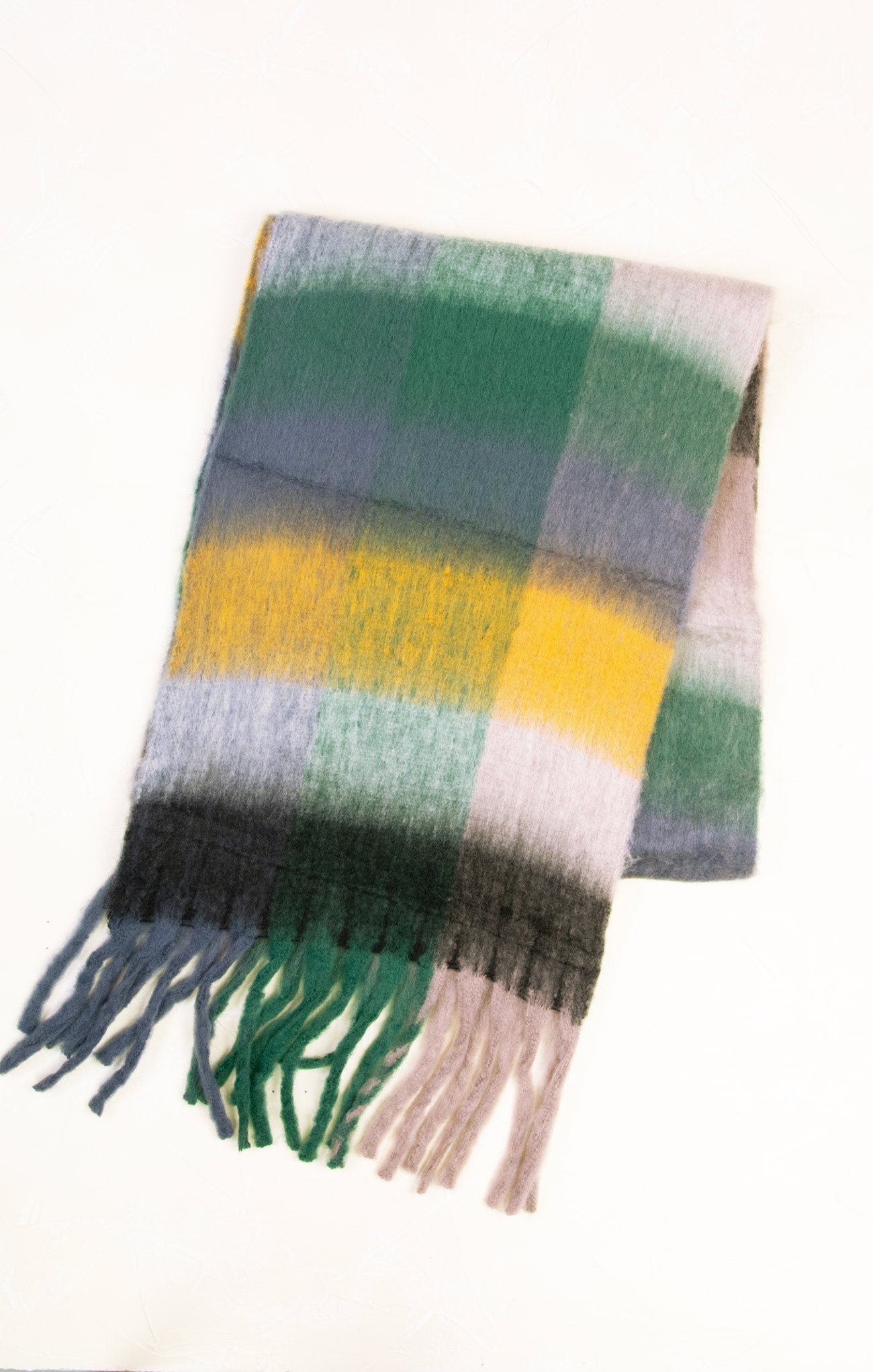 Plaid scarf with green, yellow, and gray colors on a white background